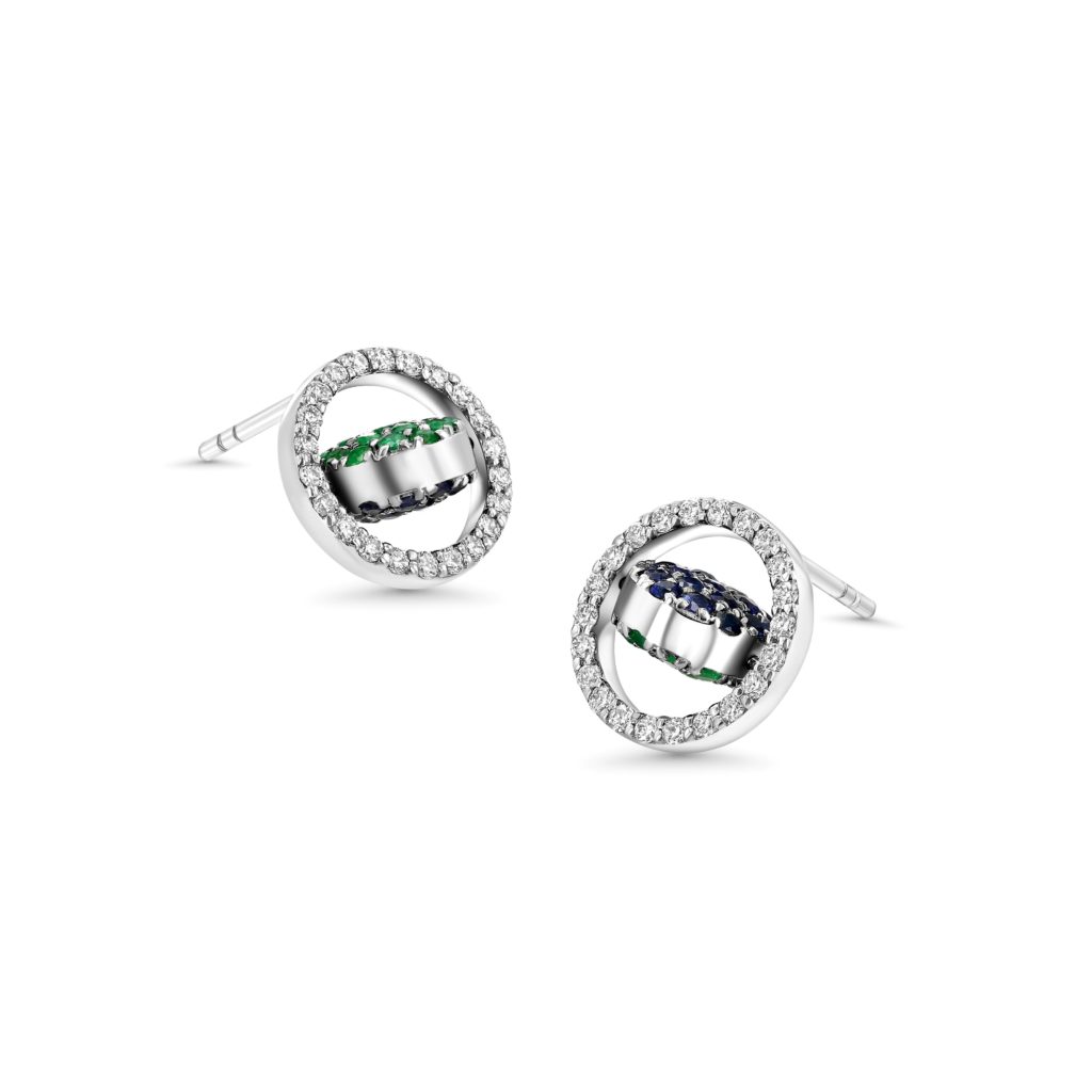 One for Two Platinum Earrings with Diamonds, Sapphires and Emeralds