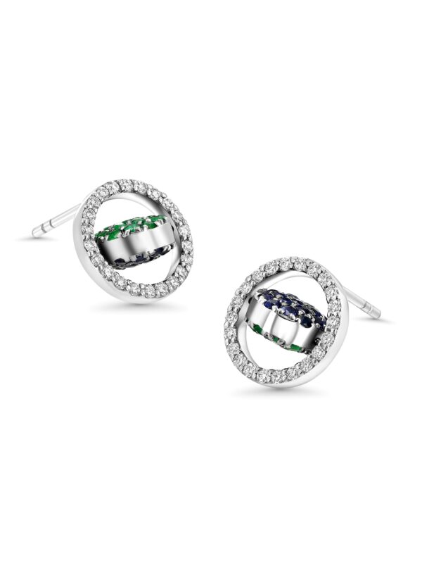 One for Two Platinum Earrings with Diamonds, Sapphires and Emeralds