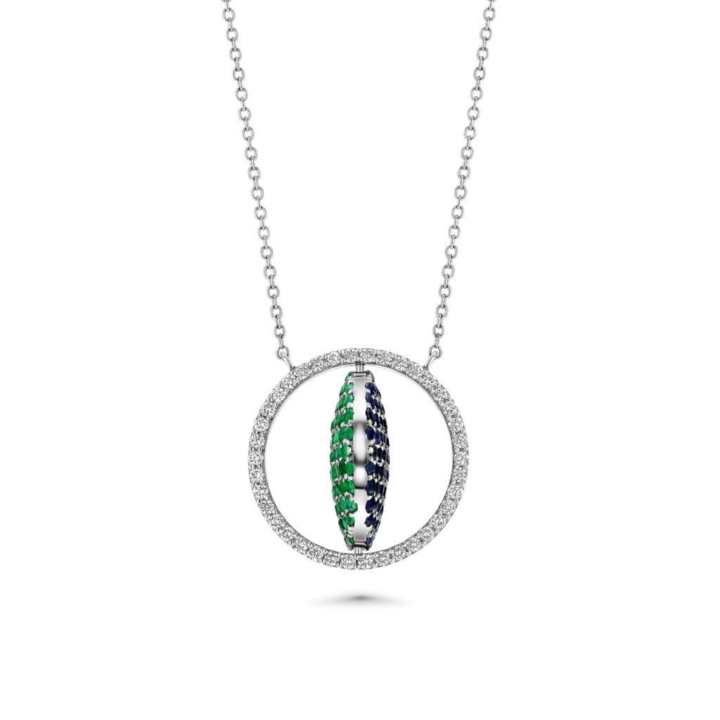 One for Two Platinum Necklace with Diamonds, Sapphires and Emeralds (Large)