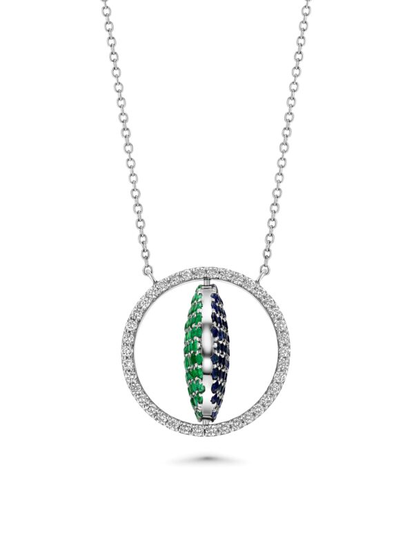 One for Two Platinum Necklace with Diamonds, Sapphires and Emeralds (Large)