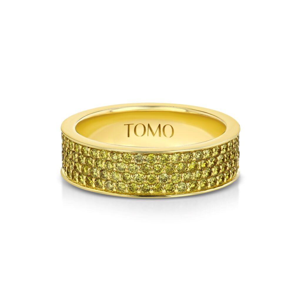 4 row Pave Fancy Yellow Diamond 18k Yellow Gold Flat Eternity Ring 1