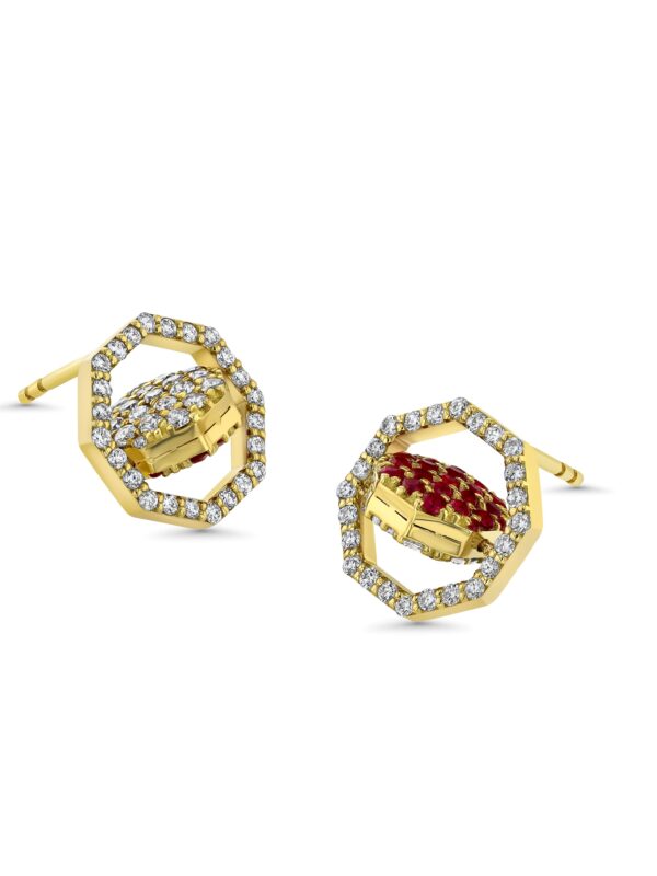 One for Two 18k Yellow Gold Earrings with Diamonds, Champagne Diamonds and Rubies