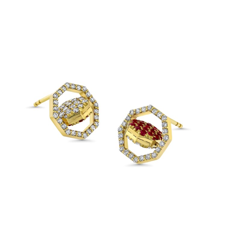 One for Two 18k Yellow Gold Earrings with Diamonds, Champagne Diamonds and Rubies