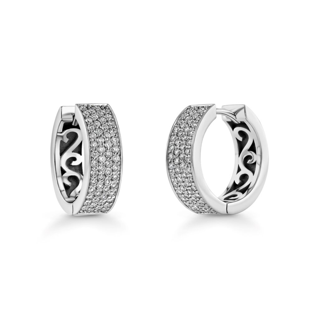 Pave Diamond 18k White Gold Flat Hoop Earrings 1