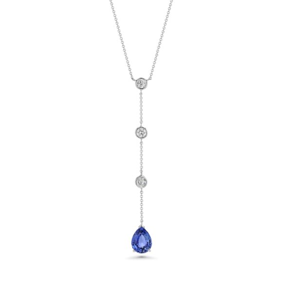 18k White Gold 3 Drop Diamond Necklace with Blue Sapphire