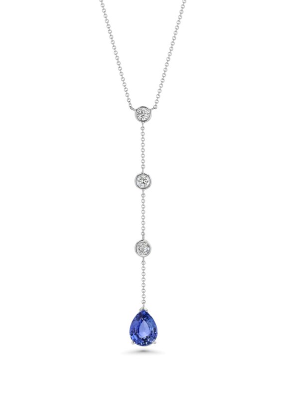 18k White Gold 3 Drop Diamond Necklace with Blue Sapphire