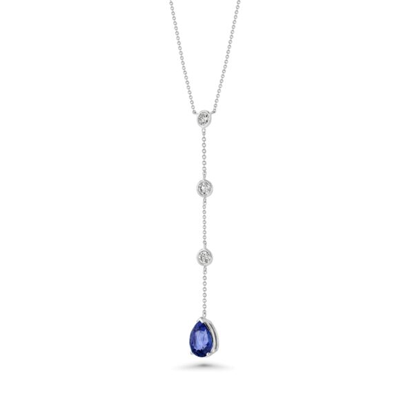 18k White Gold 3 Drop Diamond Necklace with Blue Sapphire