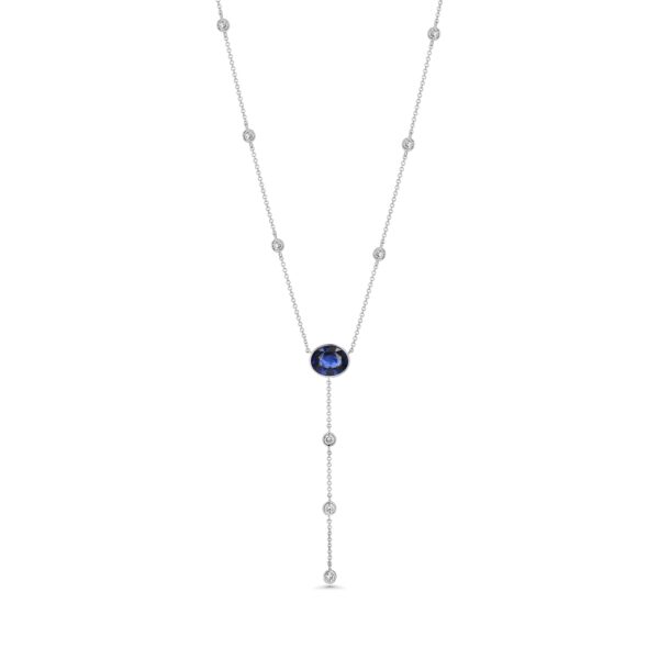 18k White Gold 9 Diamond Drop Necklace with GIA Certified Oval Sapphire