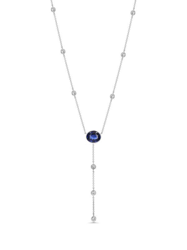 18k White Gold 9 Diamond Drop Necklace with GIA Certified Oval Sapphire