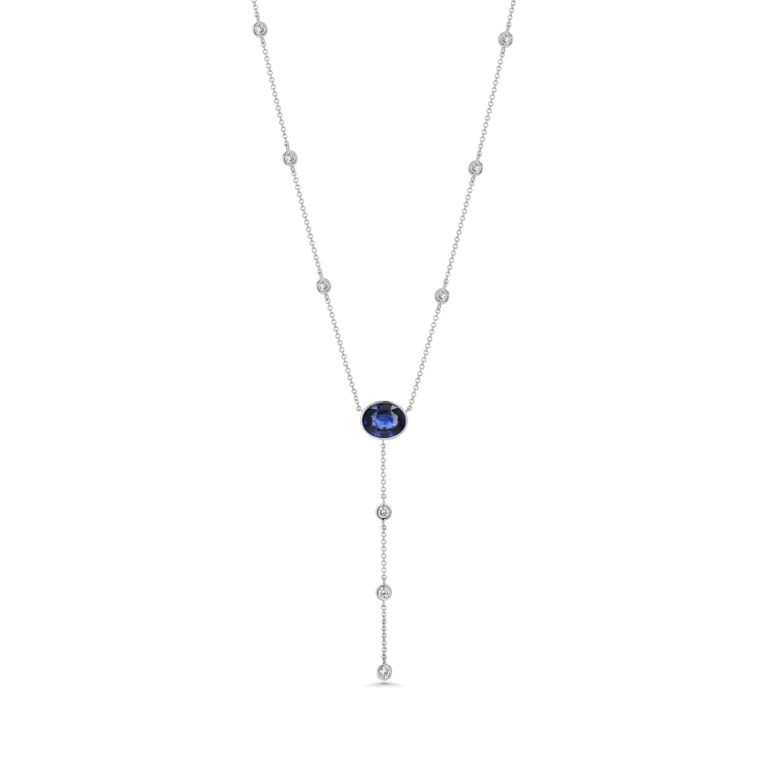 18k White Gold 9 Diamond Drop Necklace with GIA Certified Oval Sapphire