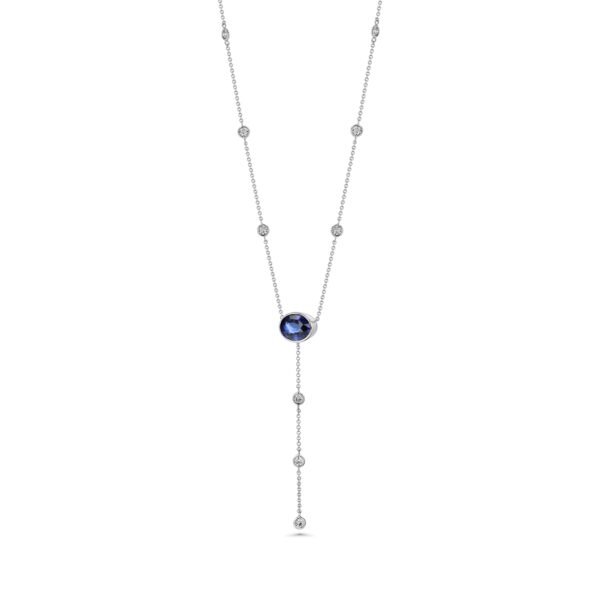 18k White Gold 9 Diamond Drop Necklace with GIA Certified Oval Sapphire