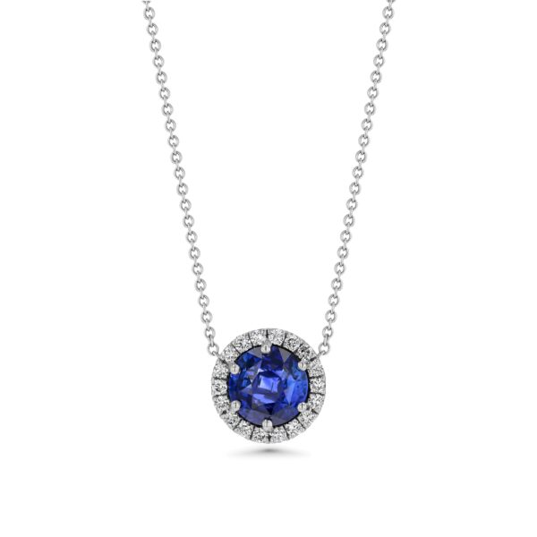 18k White Gold Halo Diamond Pendant Necklace with GIA Certified Blue Sapphire