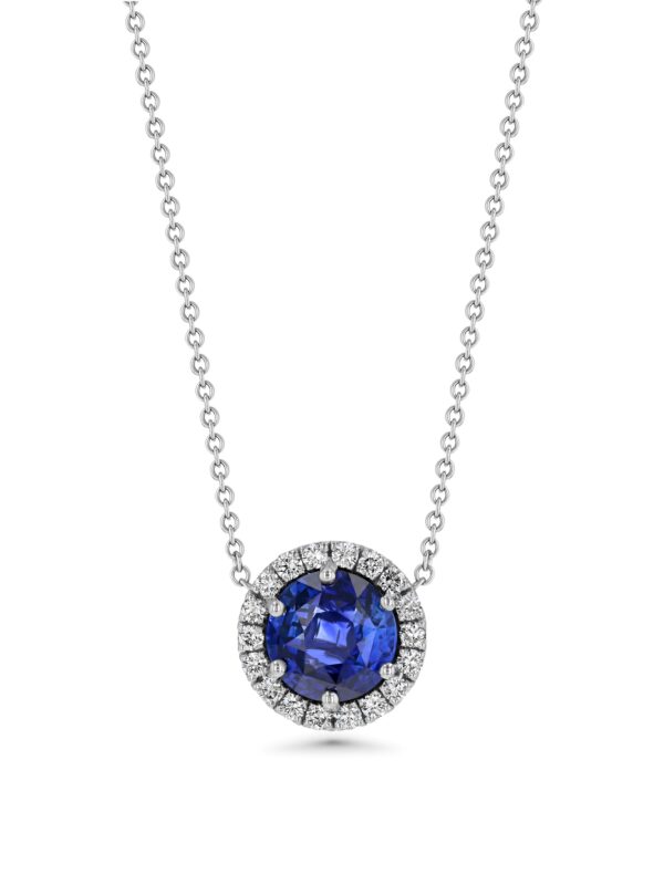 18k White Gold Halo Diamond Pendant Necklace with GIA Certified Blue Sapphire