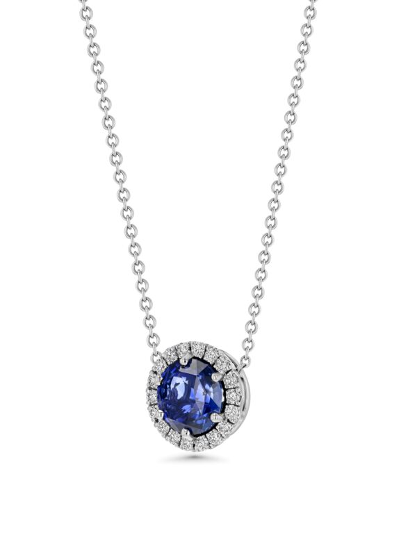 18k White Gold Halo Diamond Pendant Necklace with GIA Certified Blue Sapphire 2