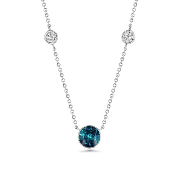 18k White Gold Necklace with Bezel Set Indicolite Tourmaline  and Two Wired Wrapped Diamonds