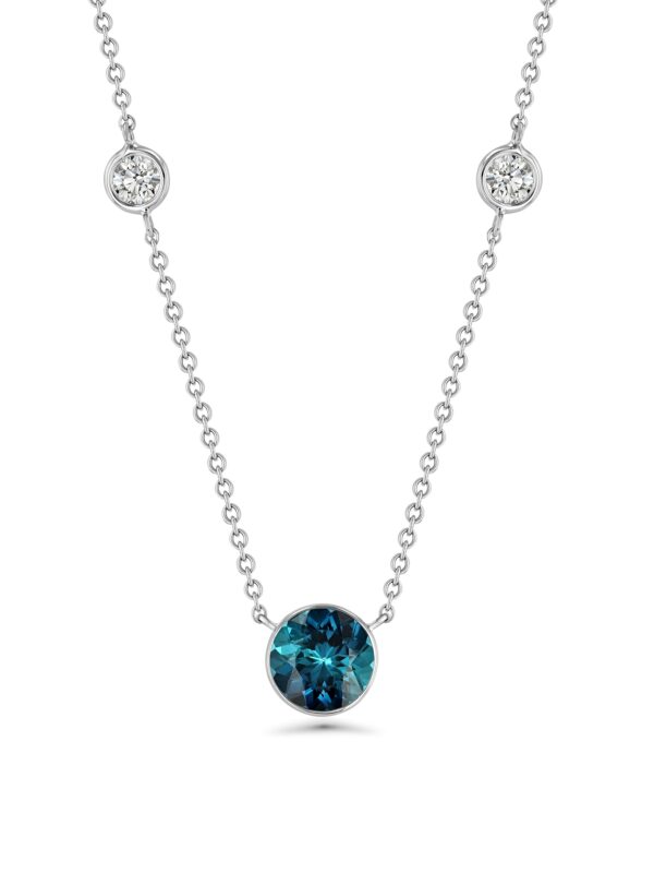 18k White Gold Necklace with Bezel Set Indicolite Tourmaline  and Two Wired Wrapped Diamonds