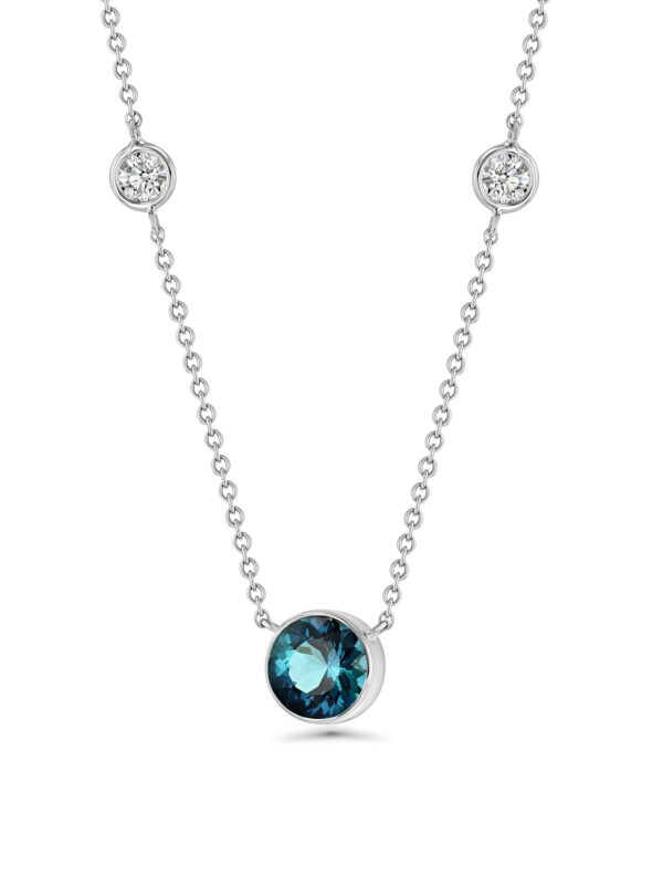 18k White Gold Necklace With Bezel Set Indicolite Tourmaline And Two Wired Wrapped Diamonds