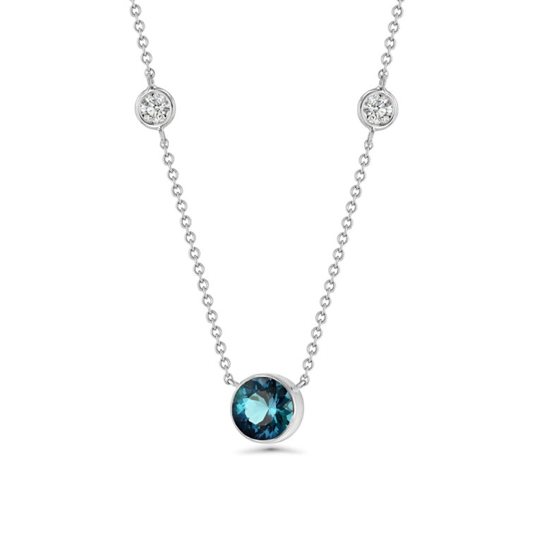 18k White Gold Necklace With Bezel Set Indicolite Tourmaline And Two Wired Wrapped Diamonds