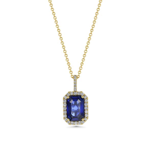 18k Yellow Gold Halo Diamond Pendant Necklace with GIA Certified Blue Sapphire