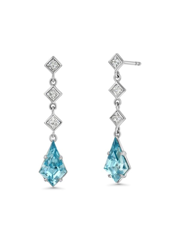 Blue Zircon and Diamond 18k White Gold Drop Earrings