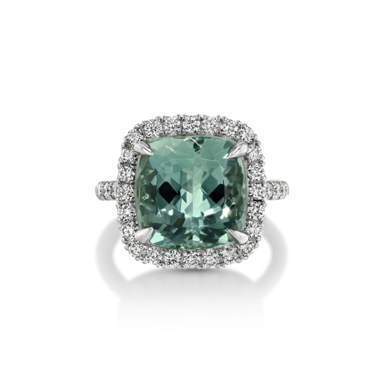 Green Beryl Platinum Ring with Diamonds