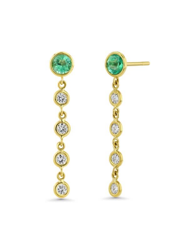 Green Emerald and Diamond 18k Yellow Gold Wire Wrap Drop Earrings