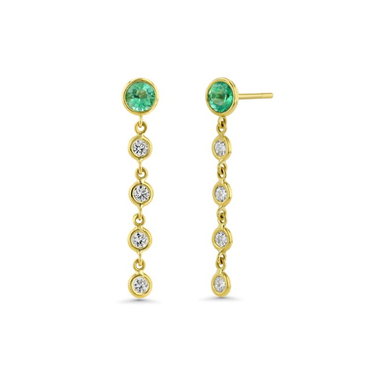 Green Emerald and Diamond 18k Yellow Gold Wire Wrap Drop Earrings