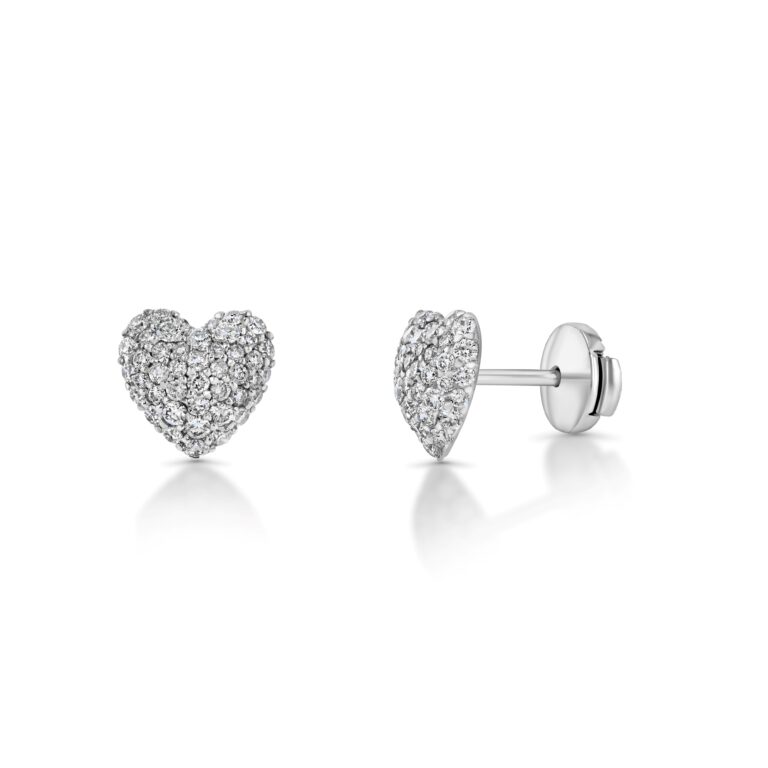 Heart Domed Pavé Diamond Round 18k White Gold Earrings