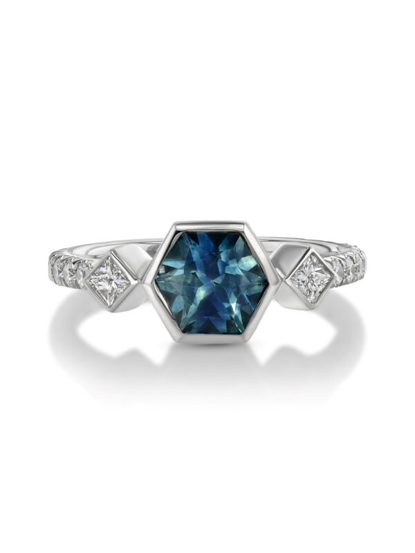 Hexagonal Teal Sapphire 18k White Gold Ring with Square Diamonds