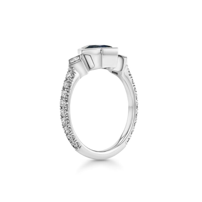 Hexagonal Teal Sapphire 18k White Gold Ring With Square Diamonds