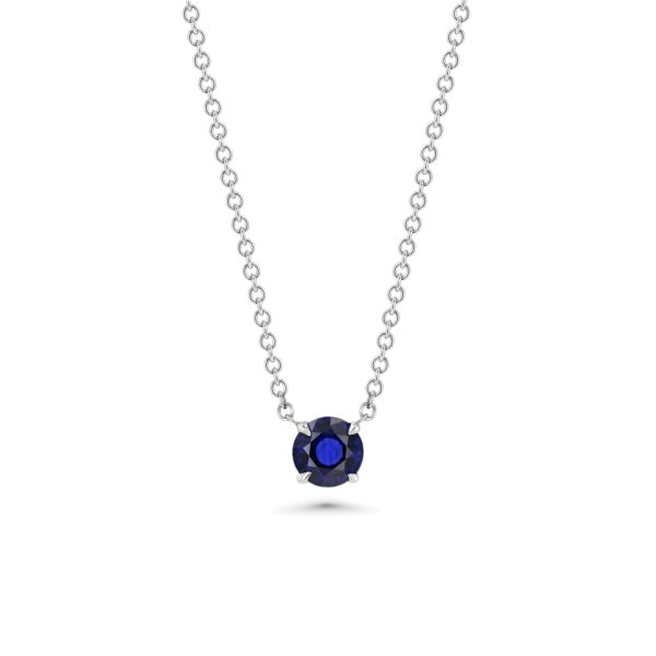 Round Blue Sapphire Solitaire 18k White Gold Necklace