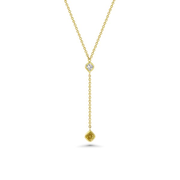 18k Yellow Gold Princess Wire Wrap Drop Necklace with White and Yellow Diamonds