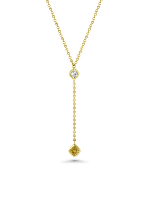 18k Yellow Gold Princess Wire Wrap Drop Necklace with White and Yellow Diamonds