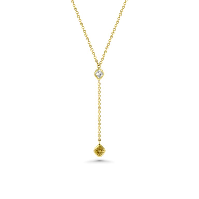 18k Yellow Gold Princess Wire Wrap Drop Necklace with White and Yellow Diamonds