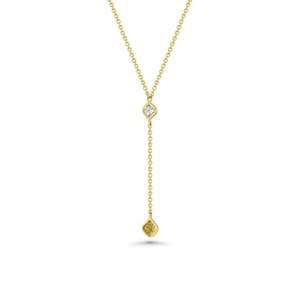 18k Yellow Gold Princess Wire Wrap Drop Necklace with White and Yellow Diamonds