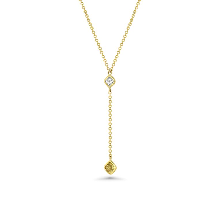 18k Yellow Gold Princess Wire Wrap Drop Necklace with White and Yellow Diamonds 2